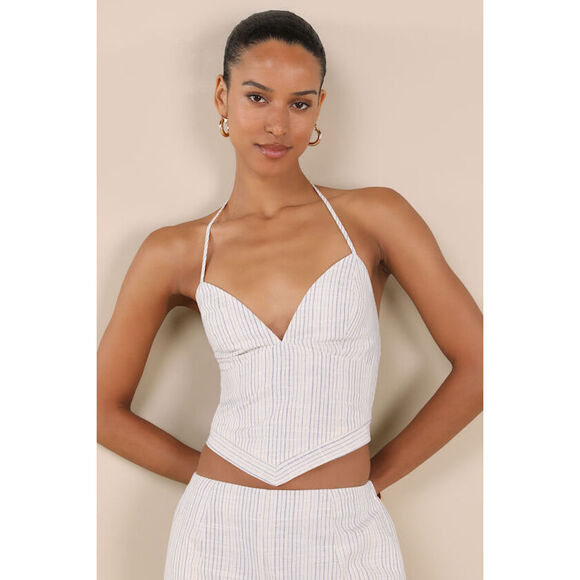 Lulus Anahita Cream And Blue Striped Halter Top - Size S - Picture 1 of 1